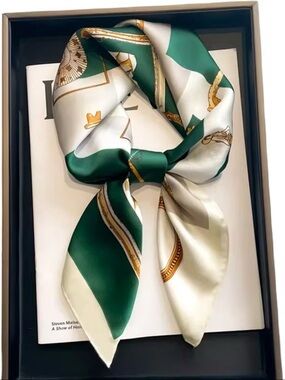 Green & Ivory Satin-Feel Decorative Neck Scarf